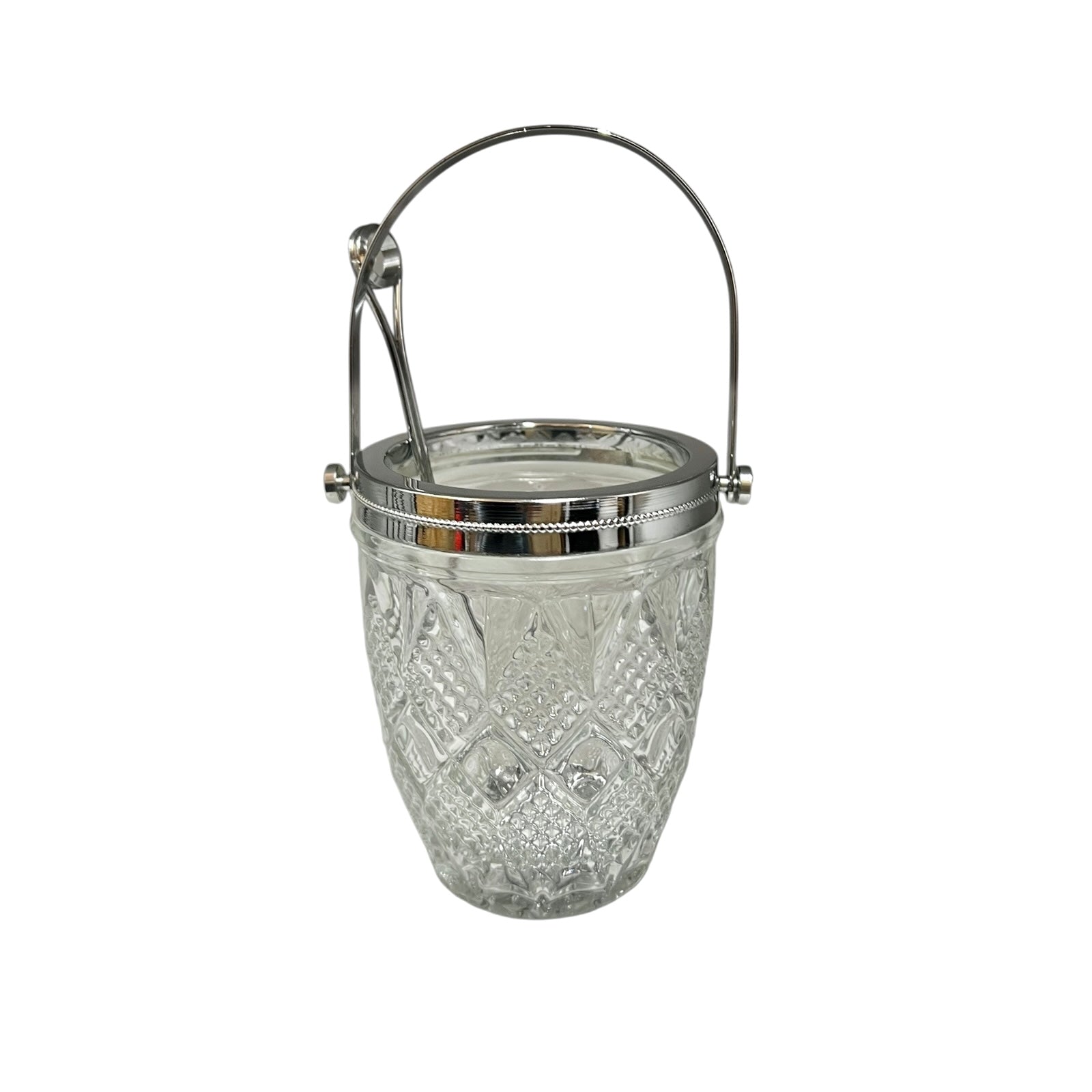 Clear glass ice bucket with silver scoop and handle on a white background