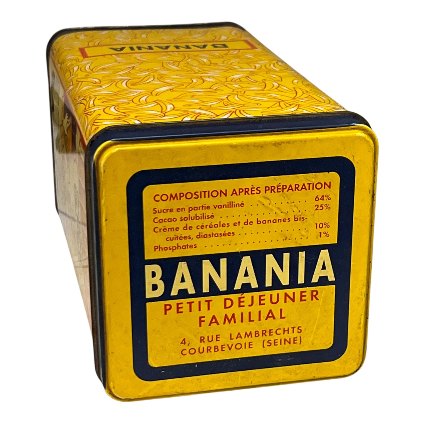 Vintage Banania breakfast cereal tin with yellow and black design