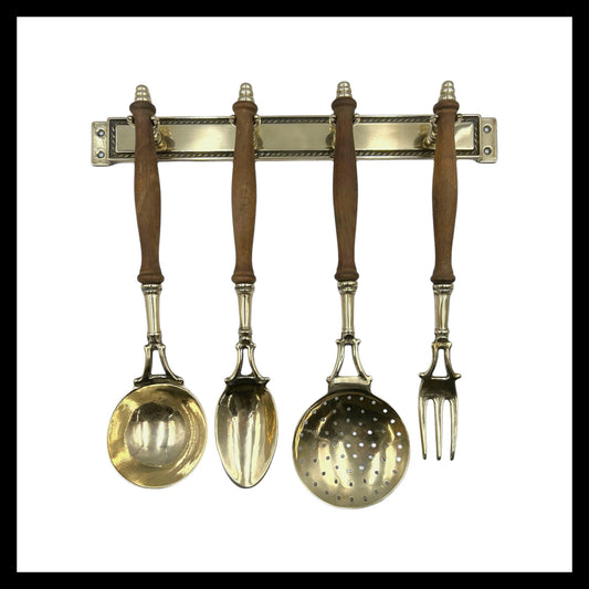 set of 4 French brass and wooden  kitchen utensils for sale by All Things French Store