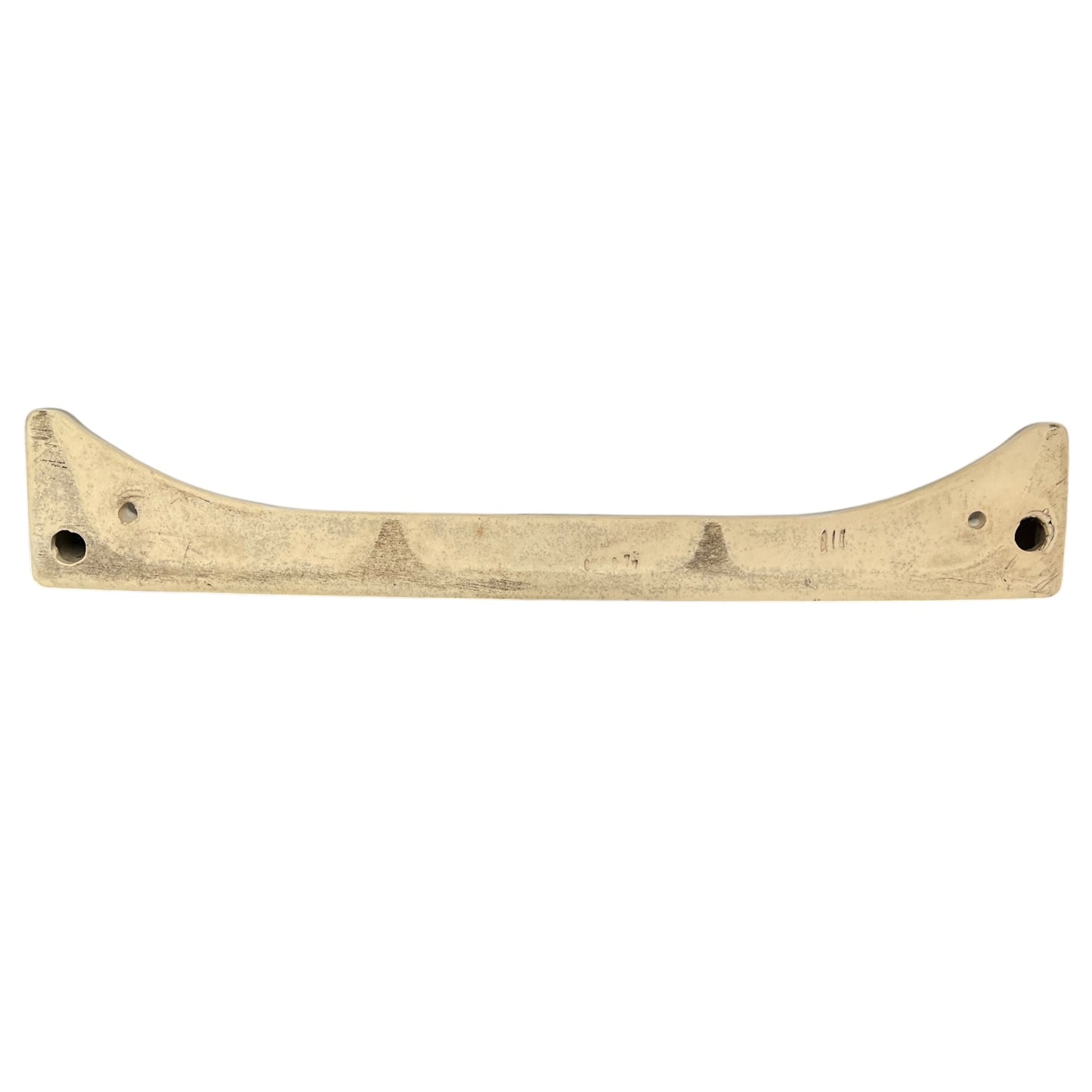 The reverse side of a bathroom shelf, antiqued finish, featuring pre-drilled mounting holes on both ends, shown against a plain white background.