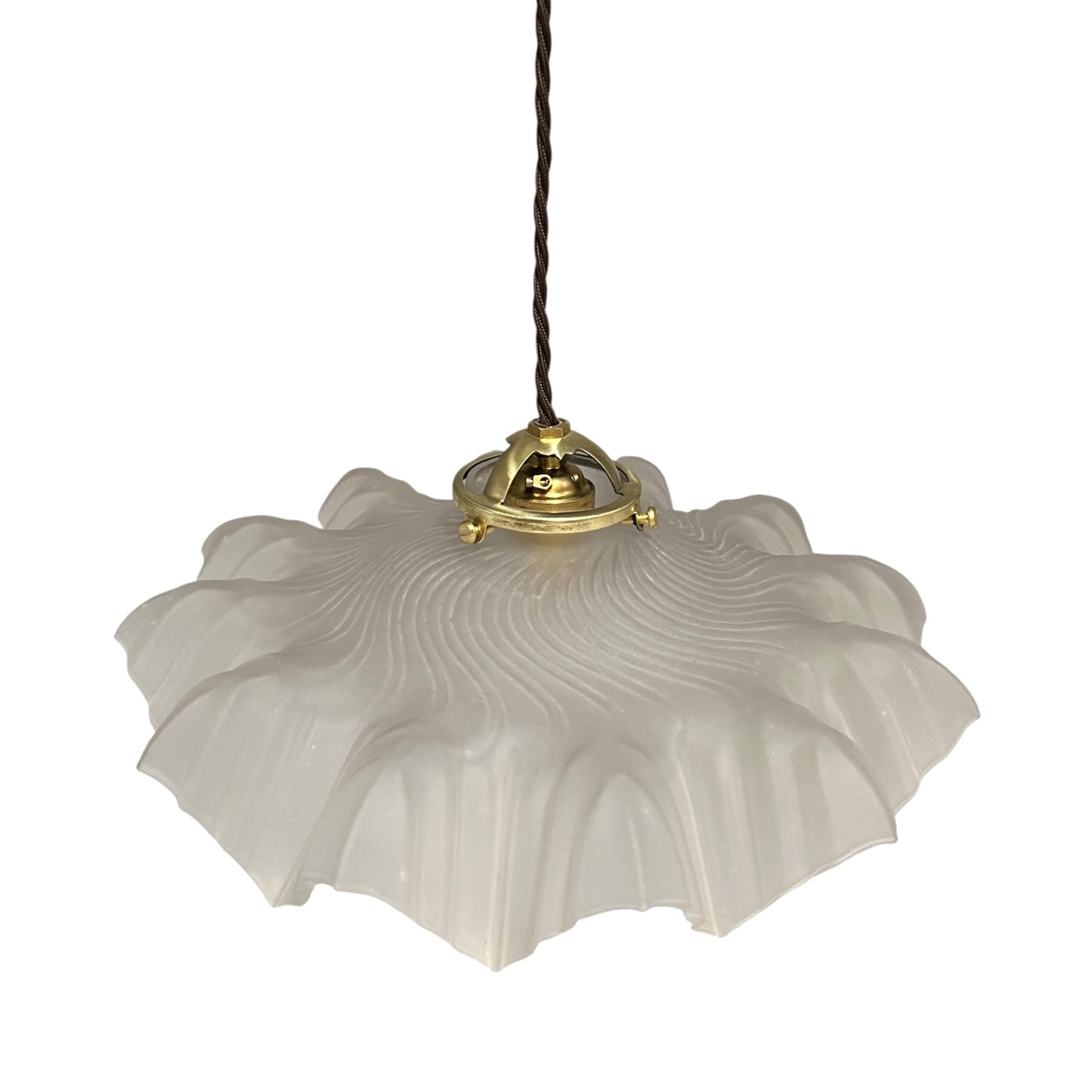 A French vintage frosted clear glass lampshade with a charming frilled edge, featuring a brass collar, bulb holder, and vintage-style twisted wiring. Perfect for adding a touch of period elegance to any vintage-inspired home decor, set against a crisp white background.