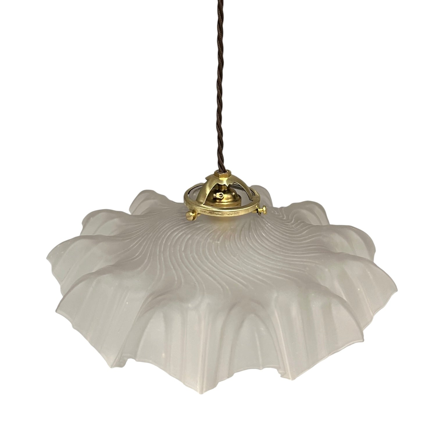 A French vintage frosted clear glass lampshade with a charming frilled edge, featuring a brass collar, bulb holder, and vintage-style twisted wiring. Perfect for adding a touch of period elegance to any vintage-inspired home decor, set against a crisp white background.