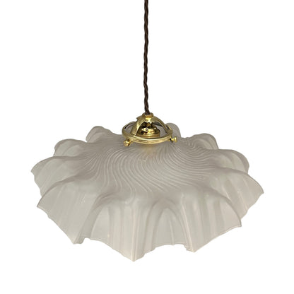A French vintage frosted clear glass lampshade with a charming frilled edge, featuring a brass collar, bulb holder, and vintage-style twisted wiring. Perfect for adding a touch of period elegance to any vintage-inspired home decor, set against a crisp white background.