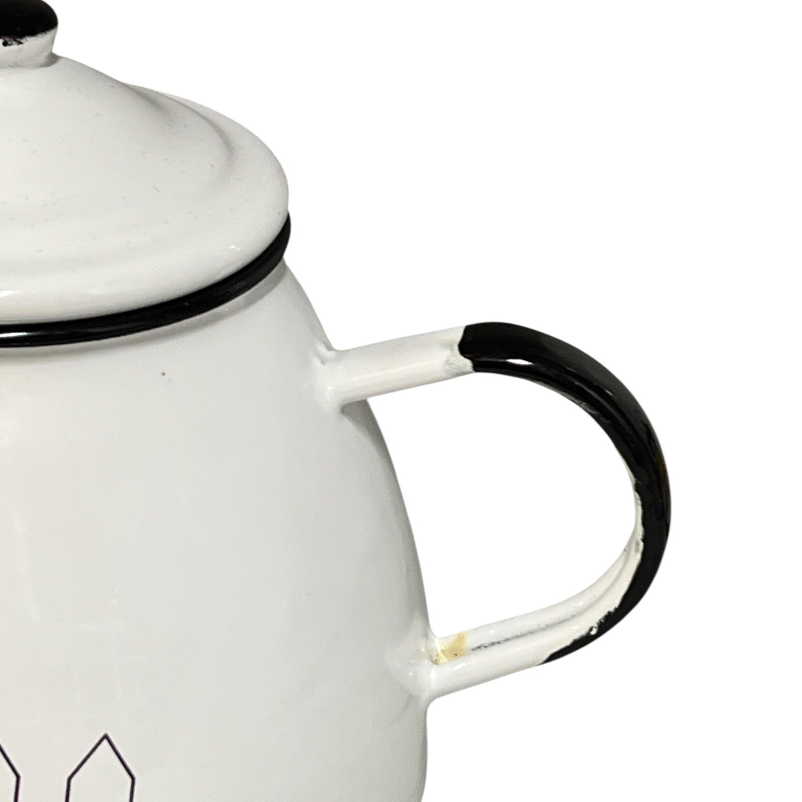 White enamel teapot with black handle and trim on a white background