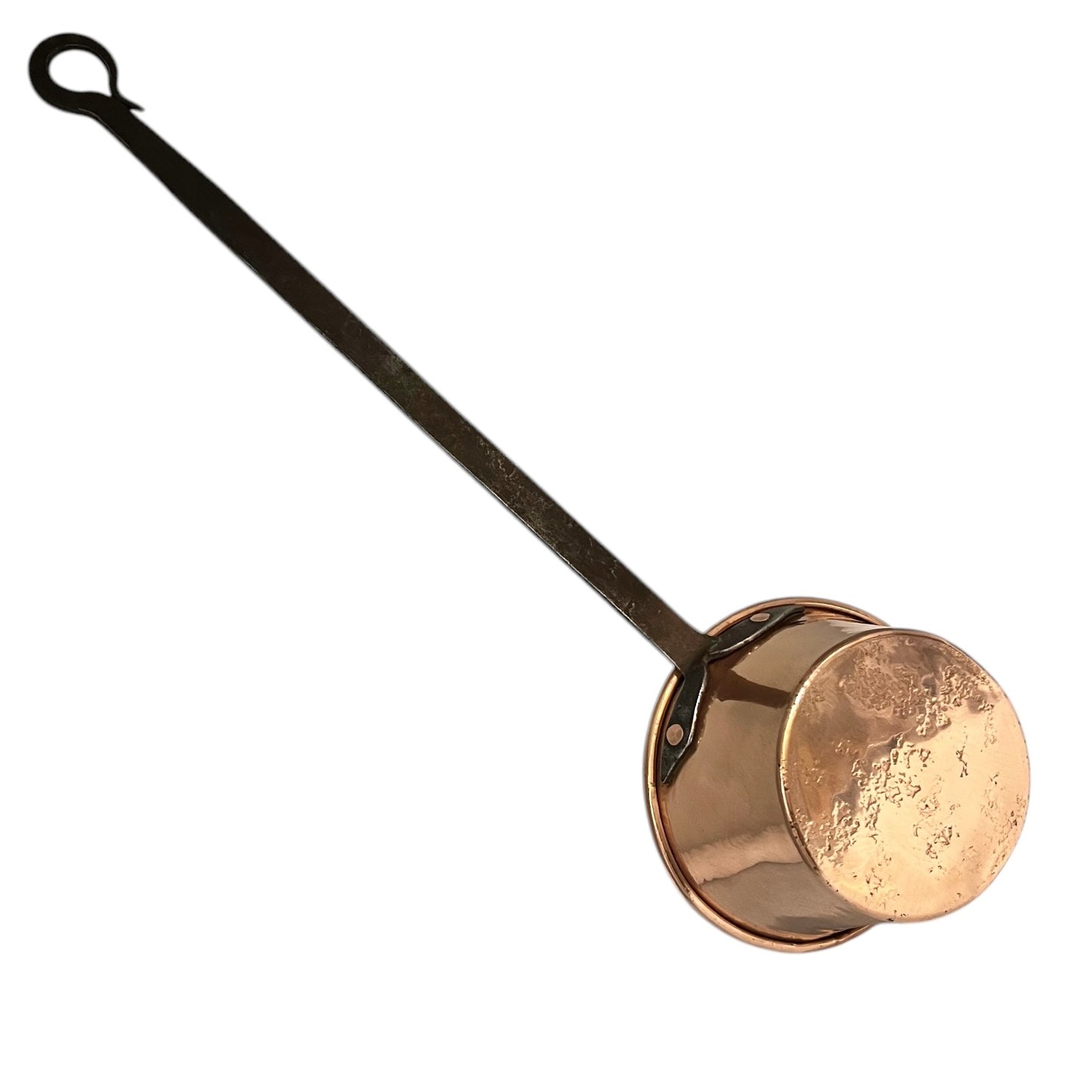 Long Handled Vintage Copper Ladle, Tin Lined Scoop Style Pan with Makers Stamp and black iron handle