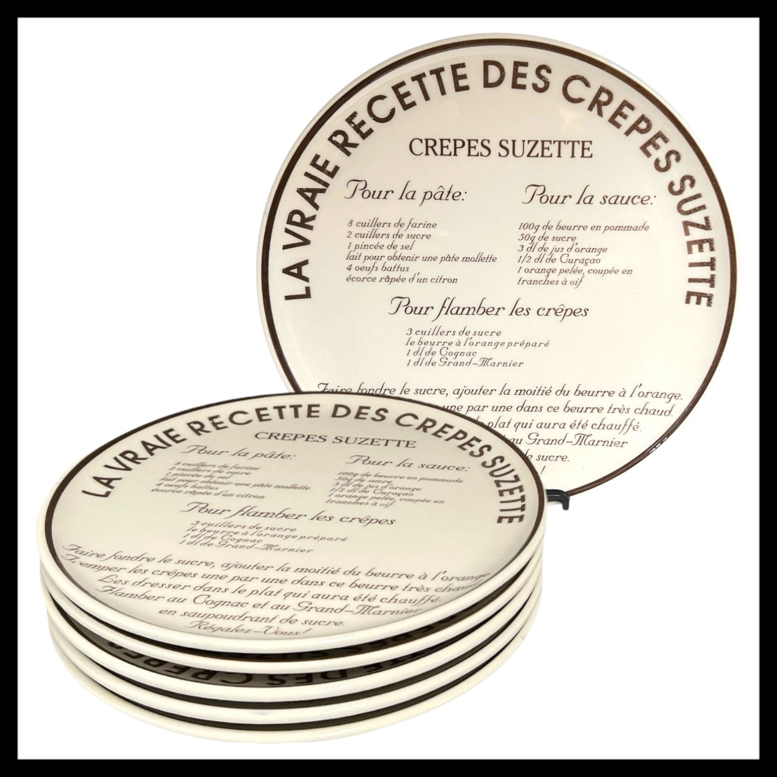 Crepe Suzette Plate Set, French Crepe Recipe Plates, 6 Set, Large 26cm