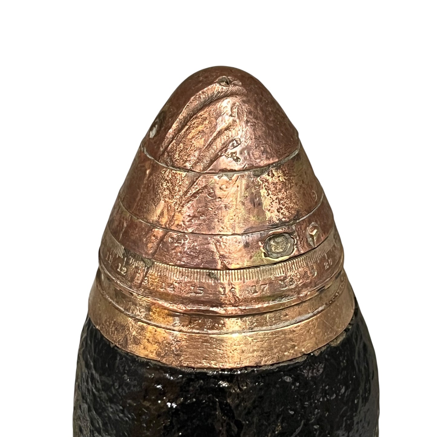 Brass fuse on a WW1 18 pounder on a white background 