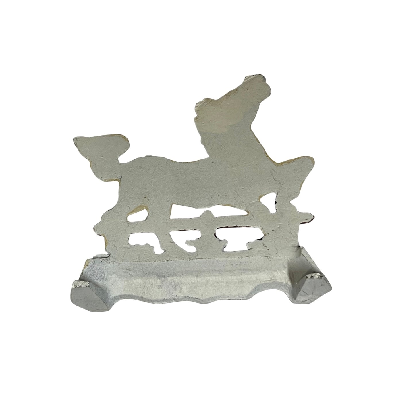 A rustic, weathered metal horse-shaped wall hook or shelf bracket with a distressed, peeling paint finish, shown against a plain white background.