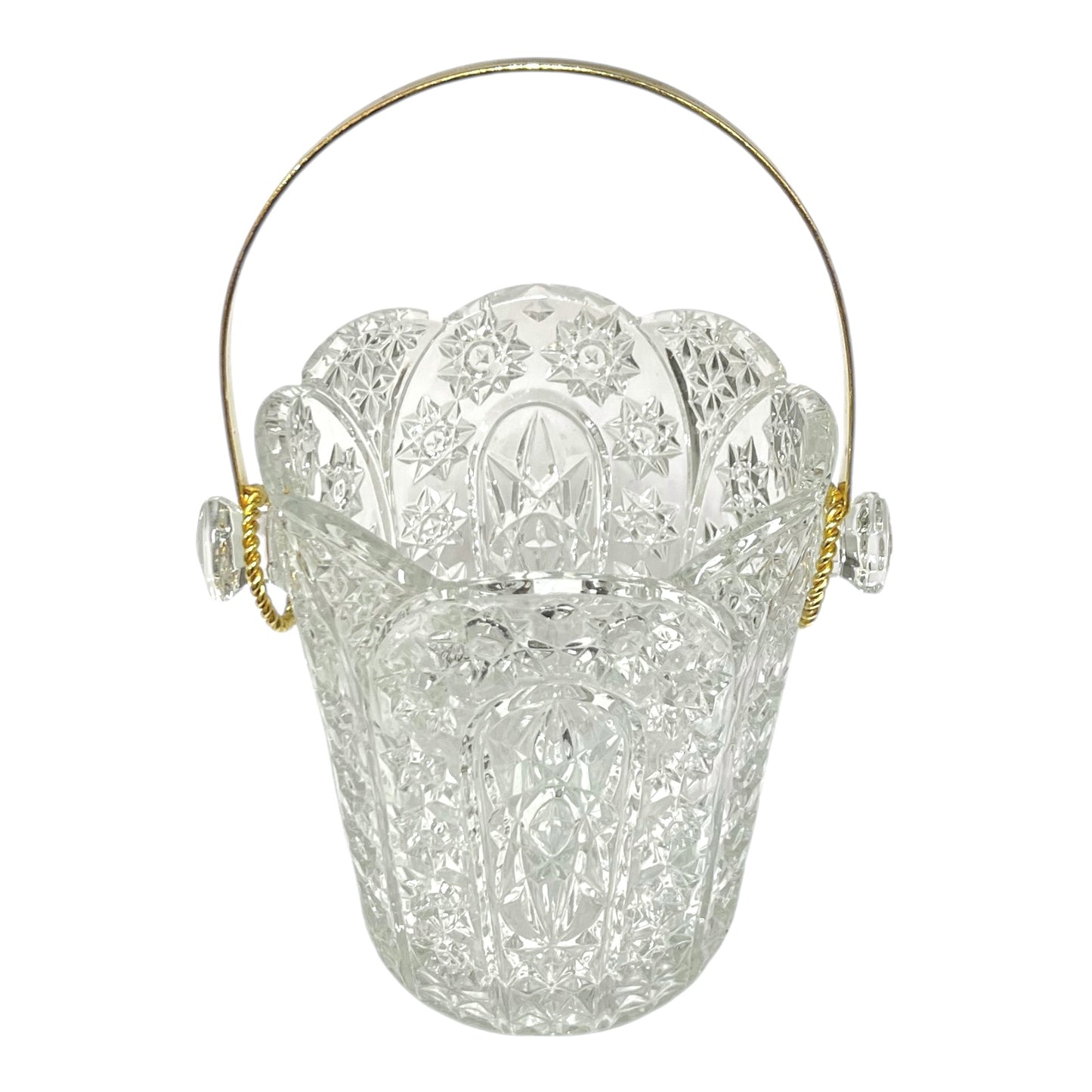 Decorative glass ice bucket with a handle, ideal for a home bar or cocktail bar on a white background