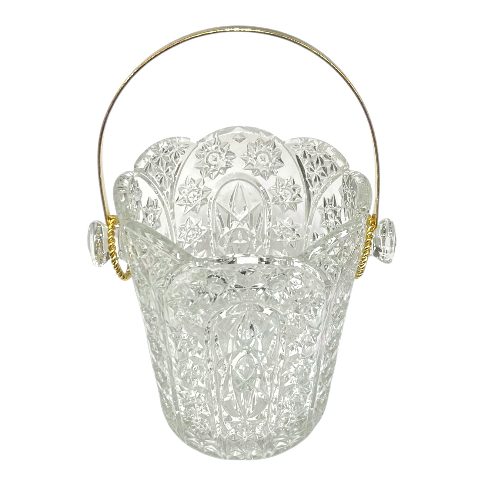 Decorative glass ice bucket with a handle, ideal for a home bar or cocktail bar on a white background