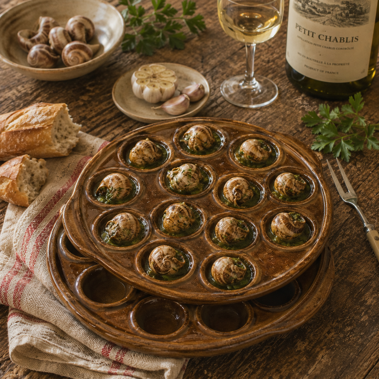 A pair of brown French vintage ceramic escargot plates, each featuring 12 holes and side handles, perfect for French recipes or adding charm to a farmhouse country kitchen, displayed on a rustic farmhouse table filled with buttered snails beside crusty bread, garlic, herbs and a bottle of wine.