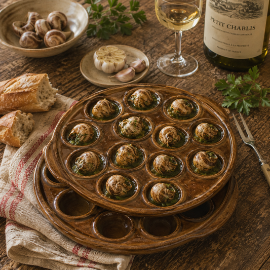 A pair of brown French vintage ceramic escargot plates, each featuring 12 holes and side handles, perfect for French recipes or adding charm to a farmhouse country kitchen, displayed on a rustic farmhouse table filled with buttered snails beside crusty bread, garlic, herbs and a bottle of wine.