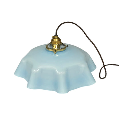 Vintage French Pendant Light, Blue Milk Glass, Hanging Interior Lampshade