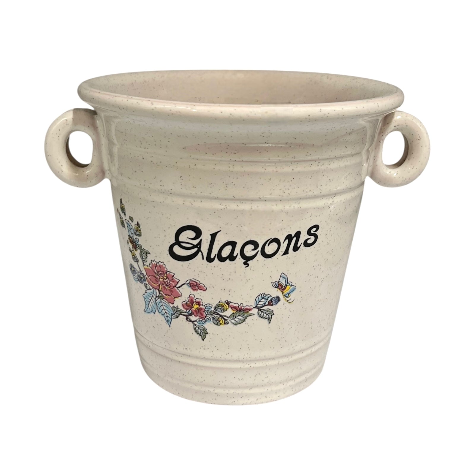 Ceramic ice cube bucket with floral design and 'Glaçons' text on a white background