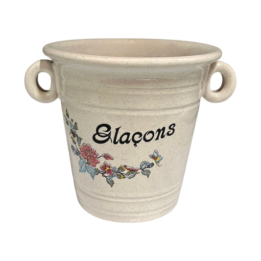 Ceramic ice cube bucket with floral design and 'Glaçons' text on a white background