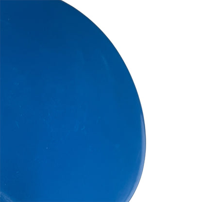 A close-up of a smooth, glossy blue circular object against a solid white background.