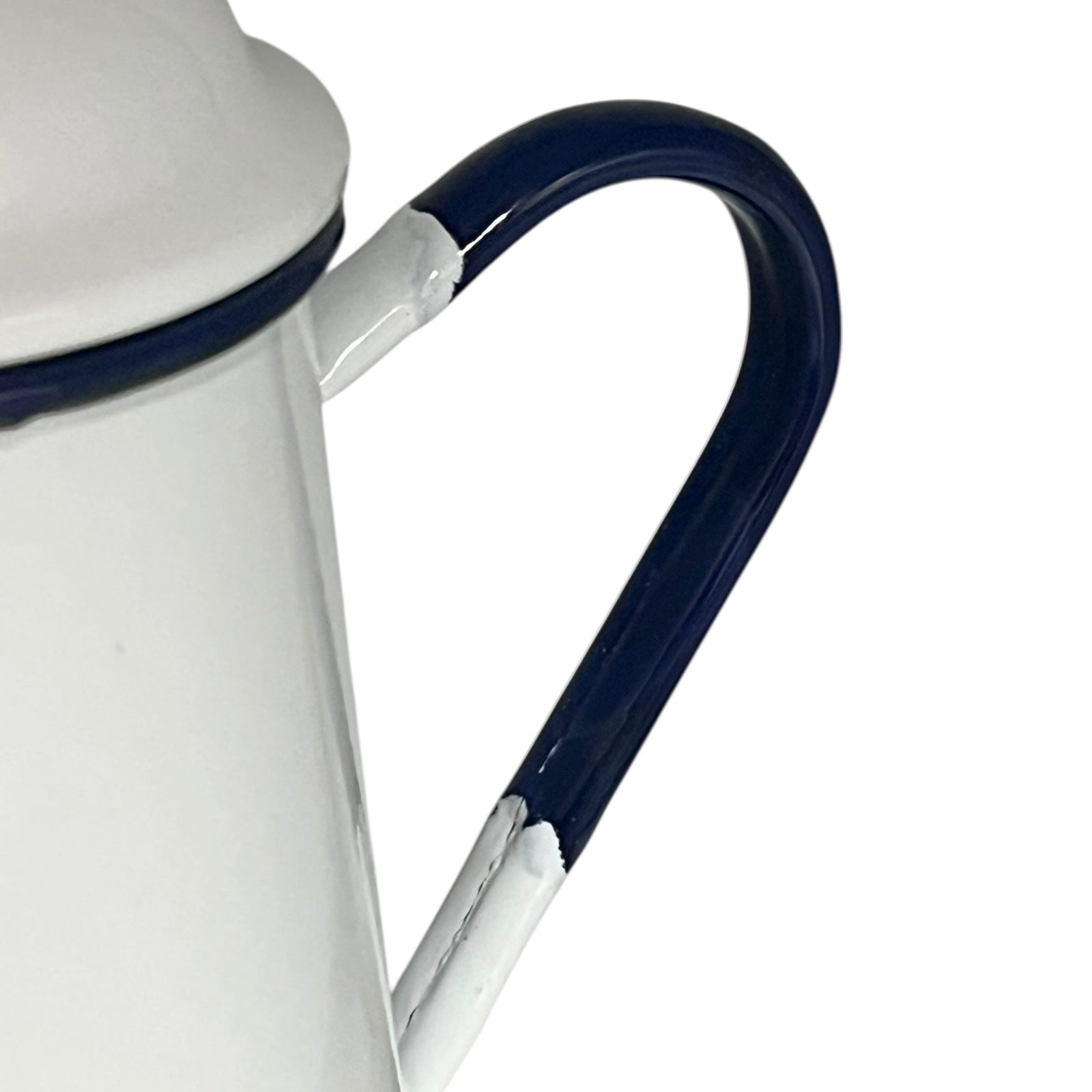 Close up of an enamel coffee pot on a white background