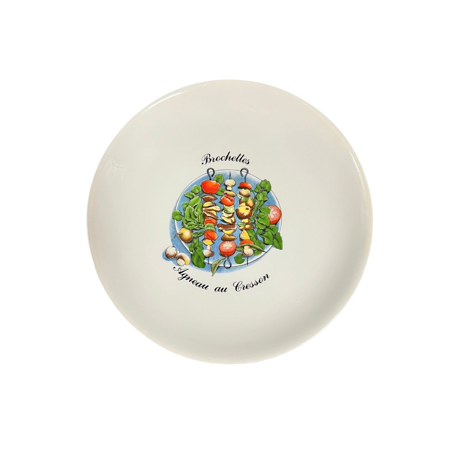 Round ceramic plate with a colorful illustration of food on a white background