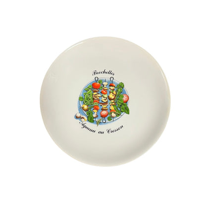 Round ceramic plate with a colorful illustration of food on a white background