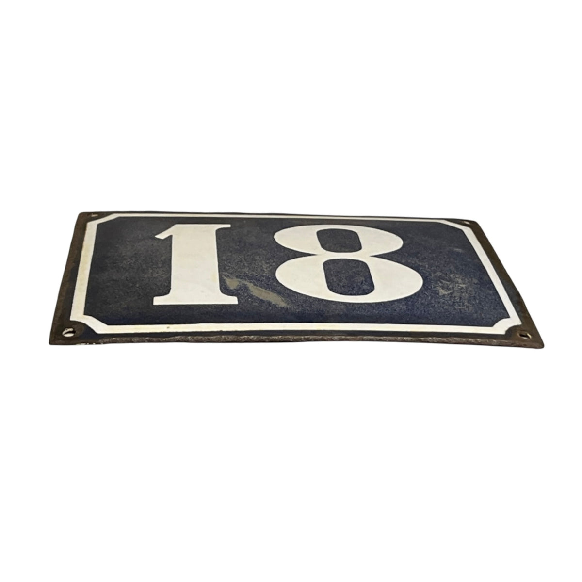 A rectangular vintage-style house number plaque featuring the number 18 in white on a dark navy blue background with a white border.