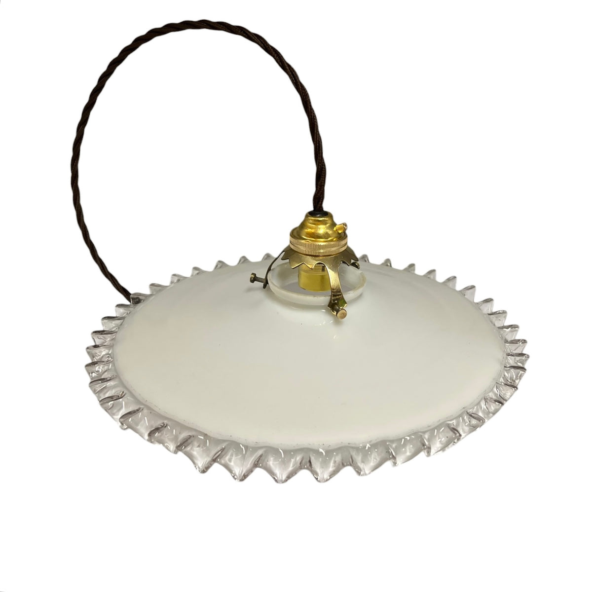 Vintage French Opaline Milk Glass Pendant Pie Crust Lampshade with Brass Collar