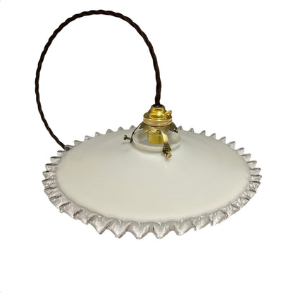 Vintage French Opaline Milk Glass Pendant Pie Crust Lampshade with Brass Collar