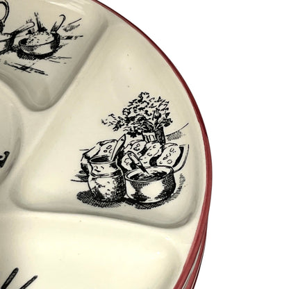Vintage ceramic plate with black illustrations of kitchen items on a white background