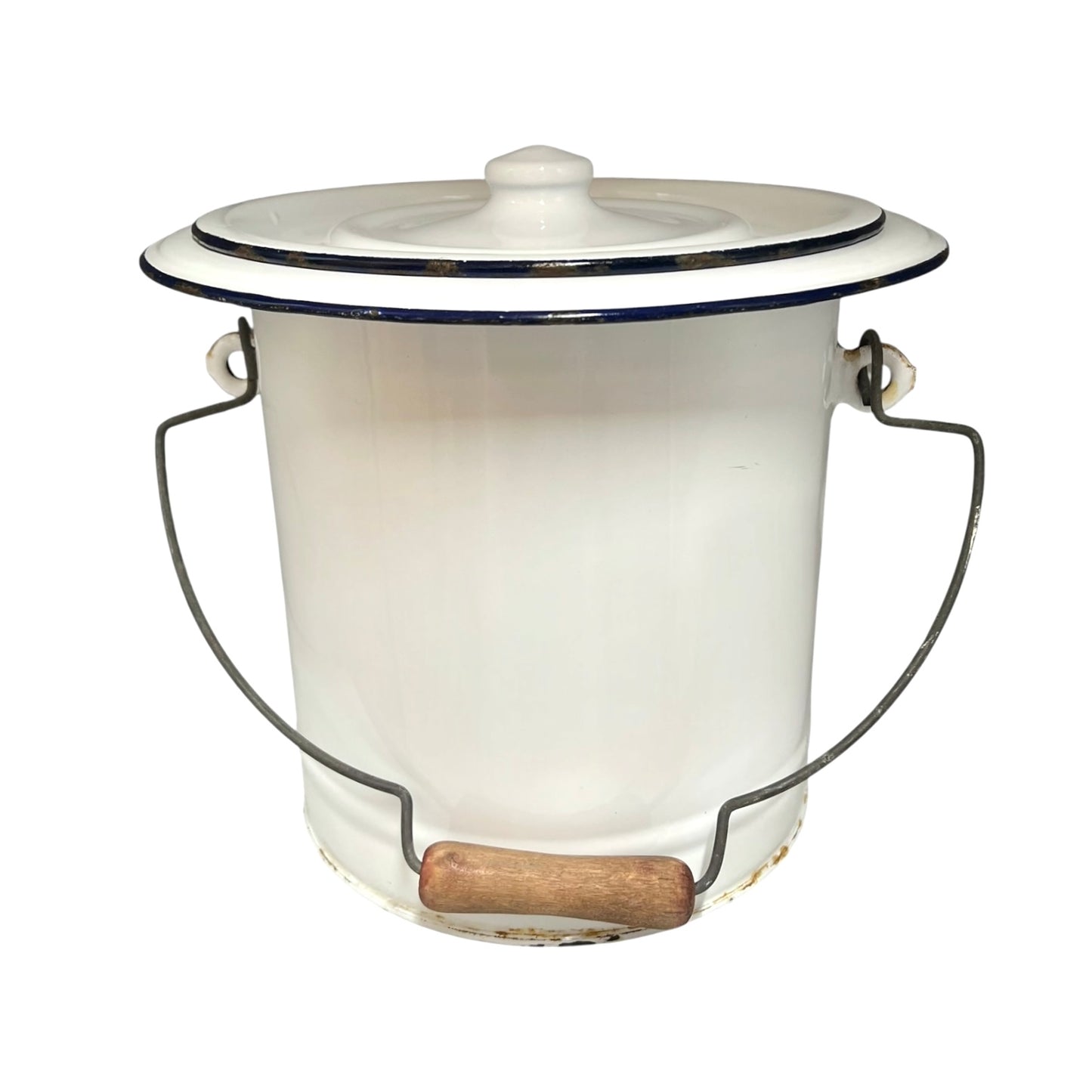 White vintage French enamel bucket with a wooden handle, ideal for a farmhouse kitchen or as a garden planter on a white background