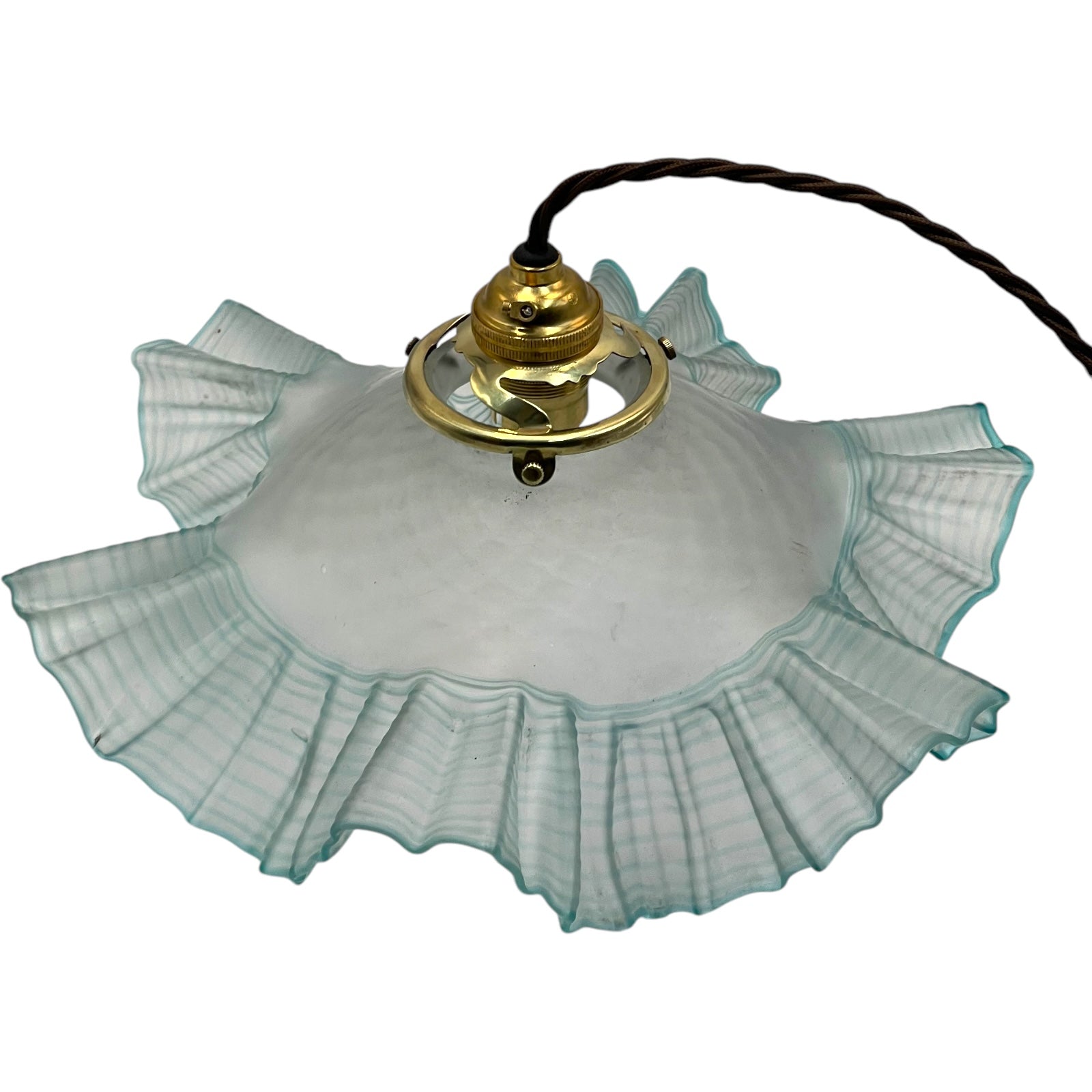 Vintage French Pendant Light, Blue Frosted Glass Hanging Lampshade 