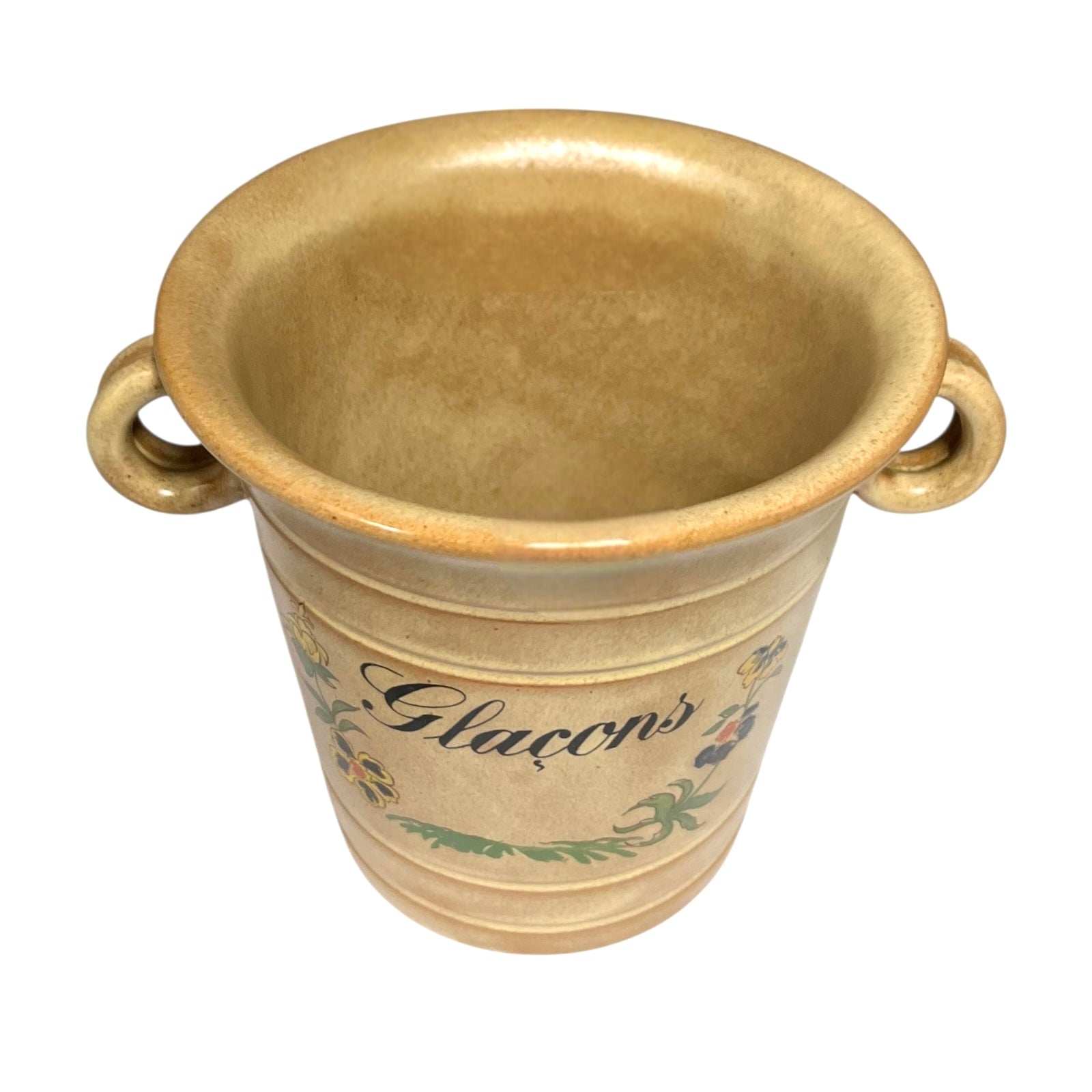 Vintage-style ceramic ice bucket with 'Glaçons' text on a white background