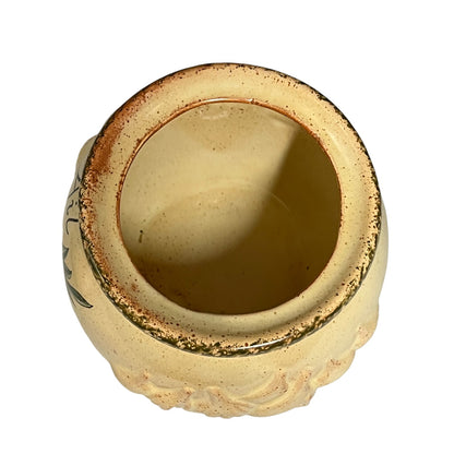 Close-up of a ceramic jar with embossed design on a white background