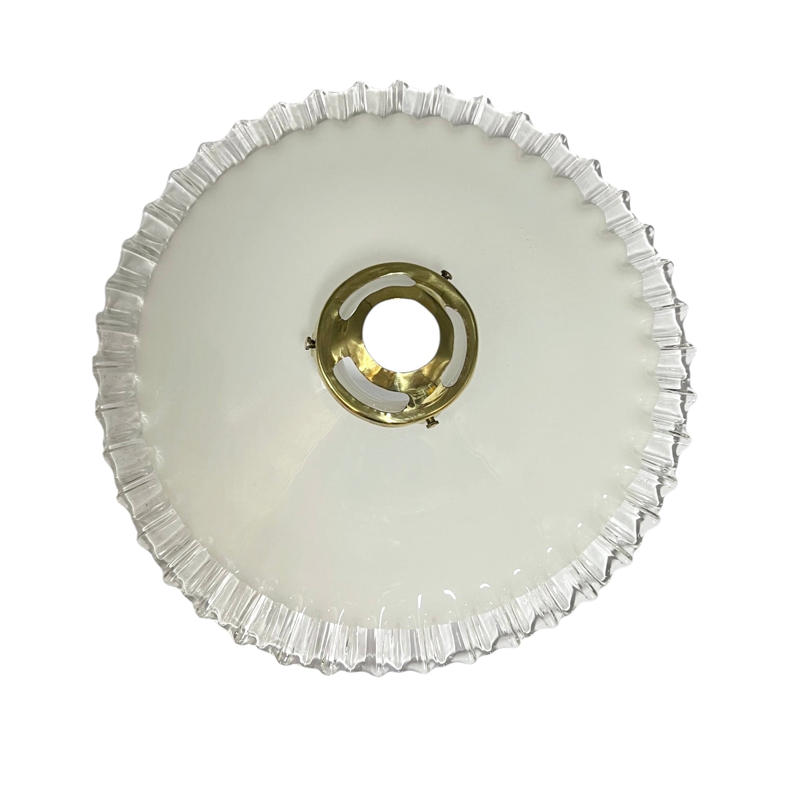 A circular white glass ceiling light fixture shade with a fluted, ruffled edge and a central brass socket ring, shown against a plain white background.