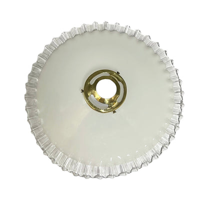 A circular white glass ceiling light fixture shade with a fluted, ruffled edge and a central brass socket ring, shown against a plain white background.