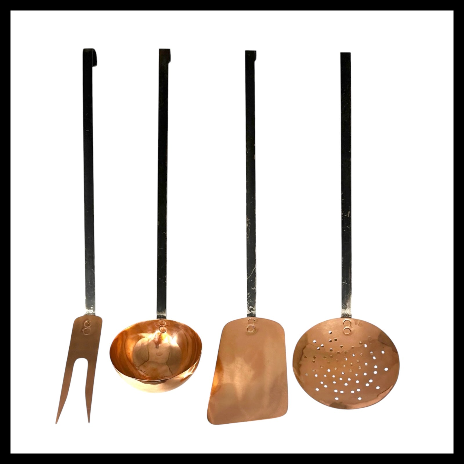 set of 4 French vintage copper kitchen utensils with long black steel handles 