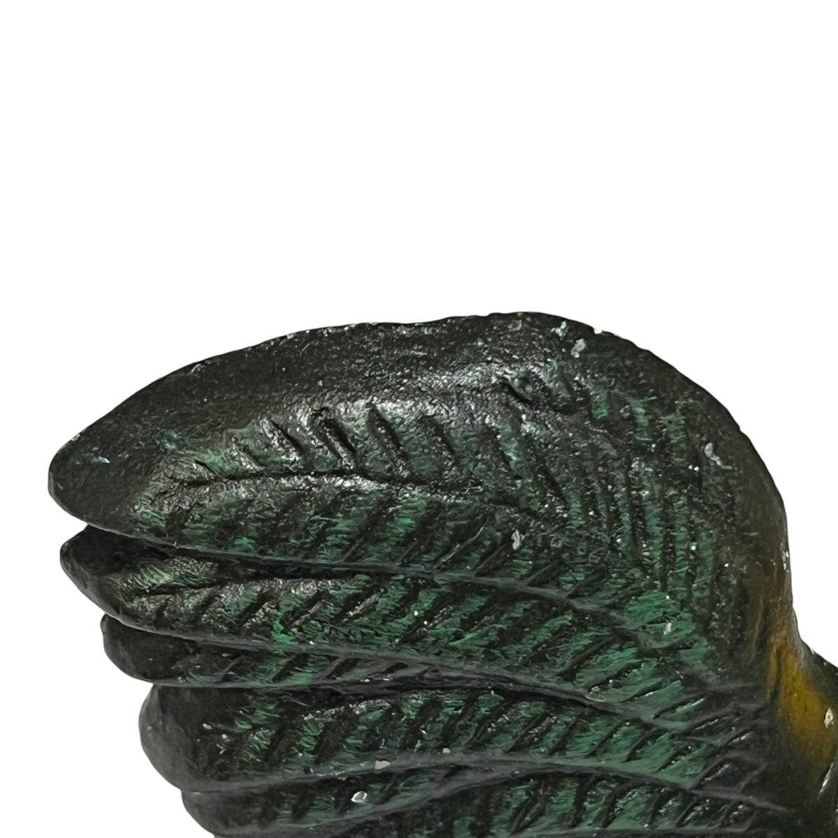 Close-up of a textured dark green and black object with an iridescent, metallic leaf-like surface on a plain white background.