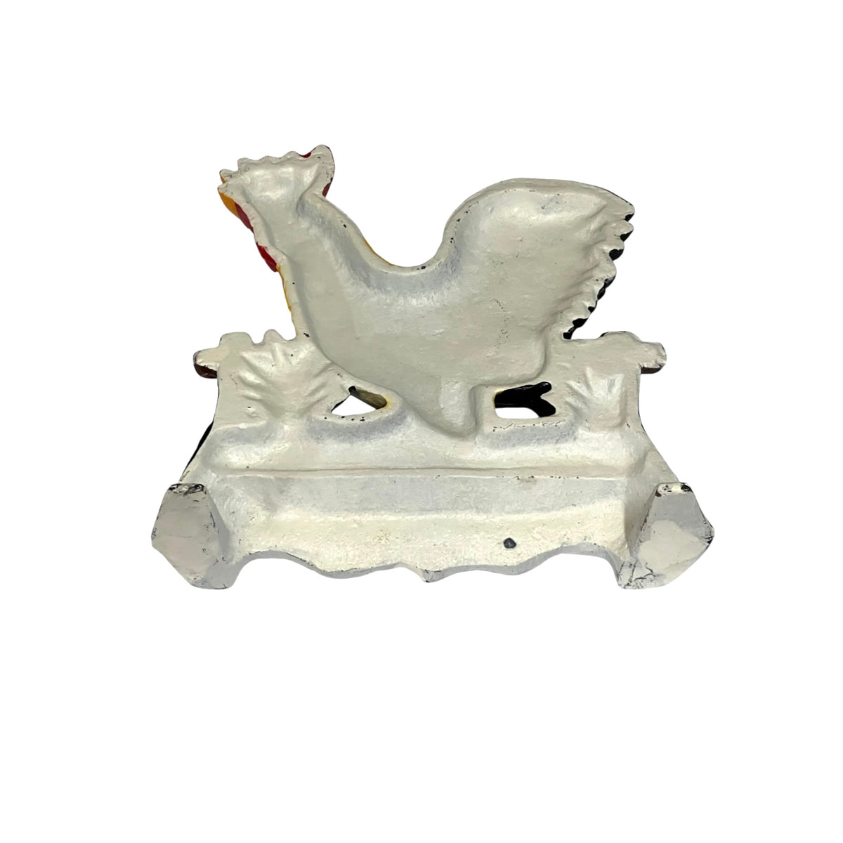 A vintage cast iron chicken-shaped tea light holder with a distressed white finish, featuring a rooster standing on a decorative base with small leaf details.