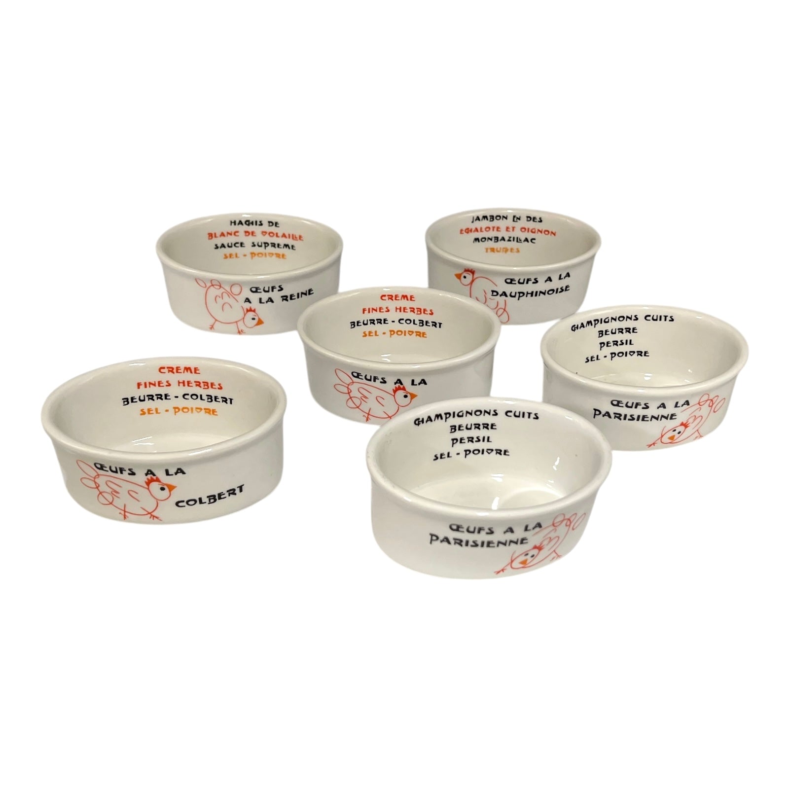 Set of six ceramic ramekins with French text and illustrations on a white background