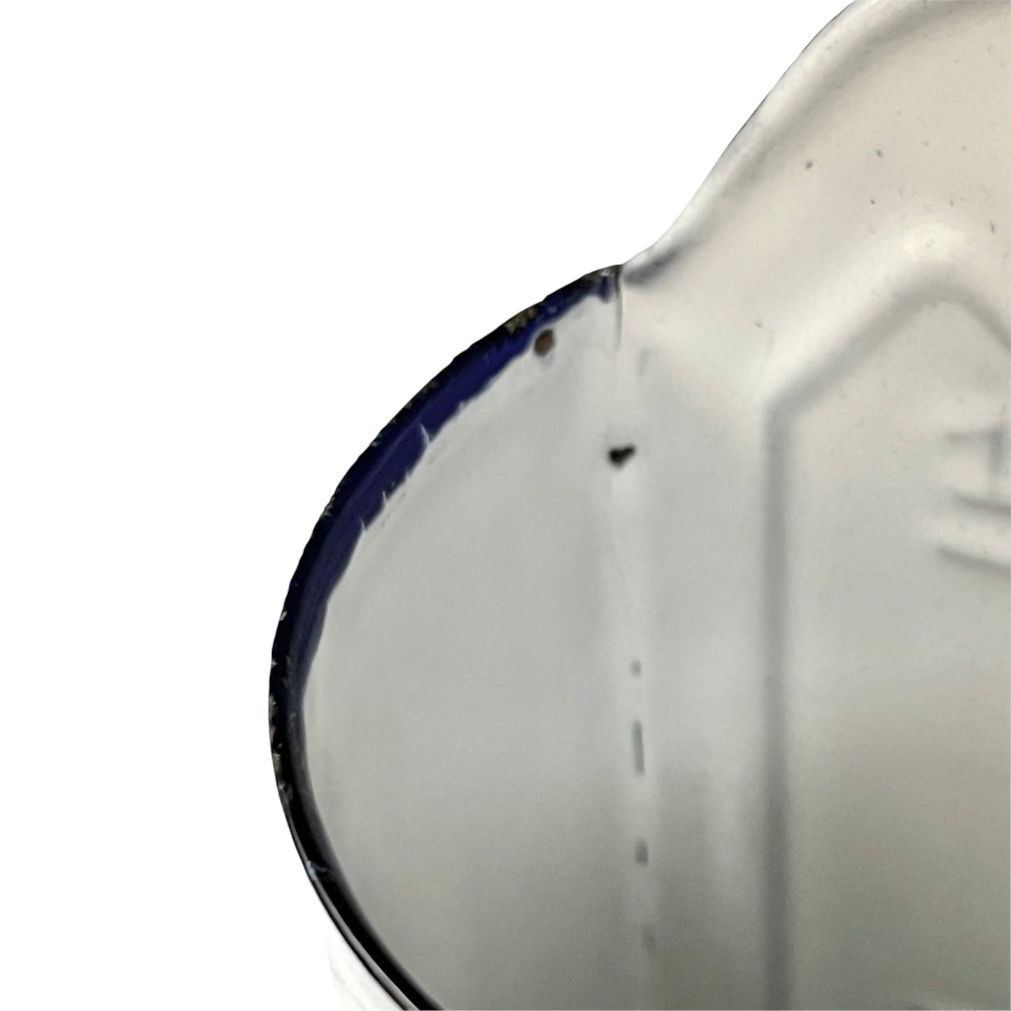 Close-up of an enamel product, likely a planter, showing a curved rim with a dark blue painted edge against a white background.