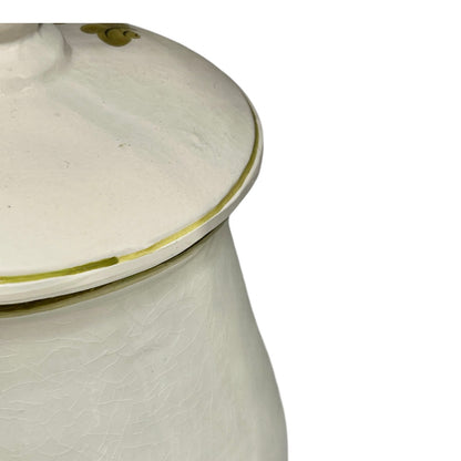 Close-up of a ceramic jar with a lid on a white background