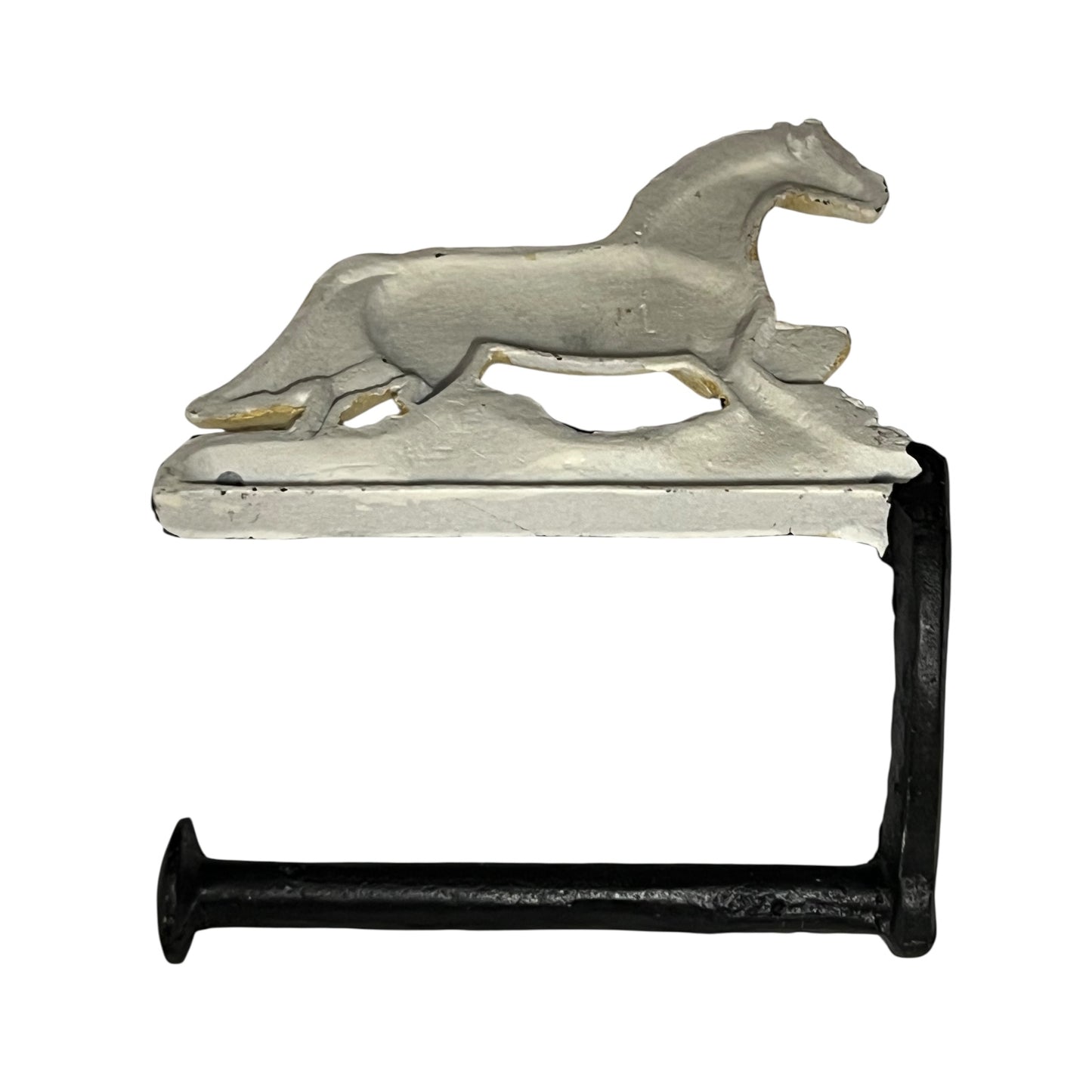 Close up of white horse toilet paper holder against a white background