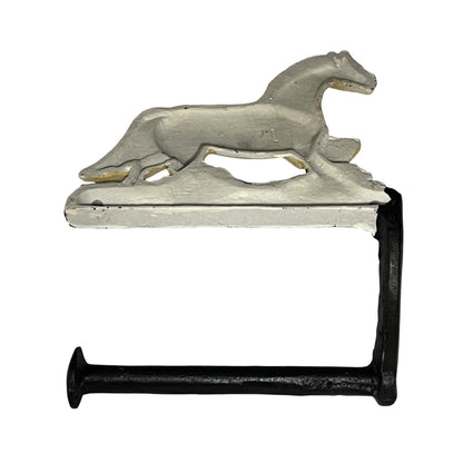 Close up of white horse toilet paper holder against a white background