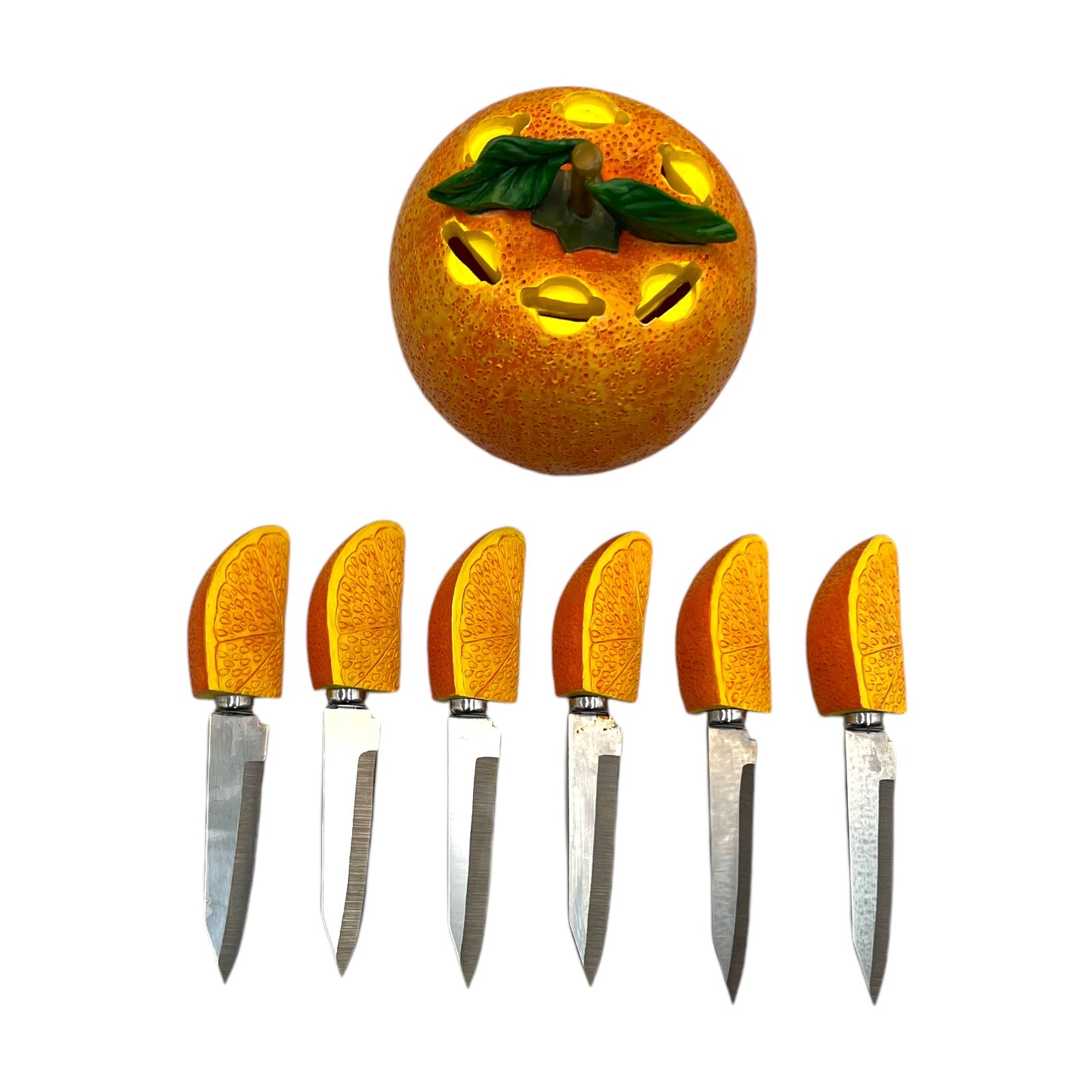 Vintage Kitsch Orange Fruit Knife Holder With 6 Little Paring Knives