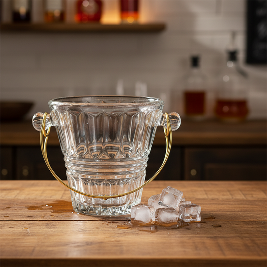 Clear glass ice bucket with gold handles on a wooden surface, surrounded by ice cubes.
