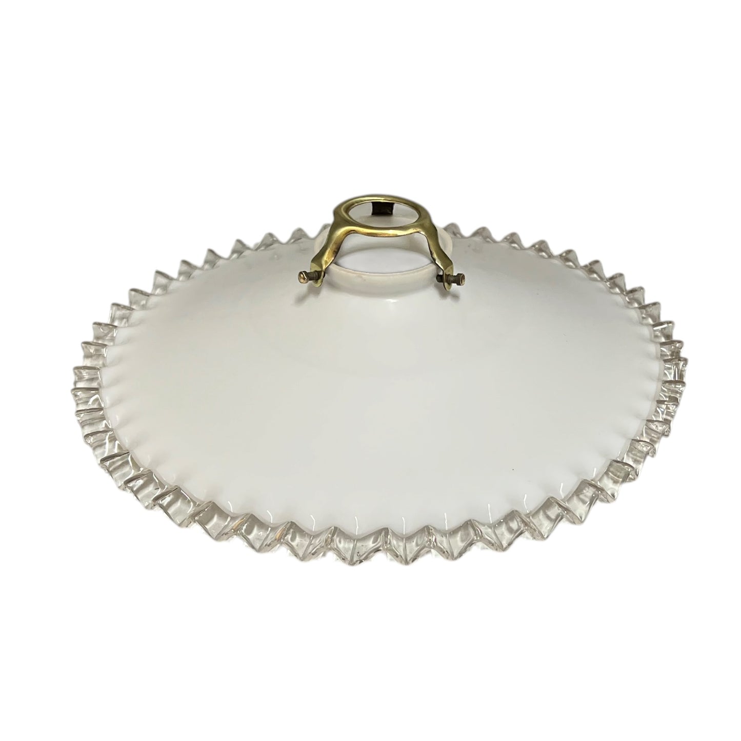 A white glass lampshade with a scalloped edge and gold fixture, perfect for adding a touch of period charm or retro flair to any home, set against a clean white background.