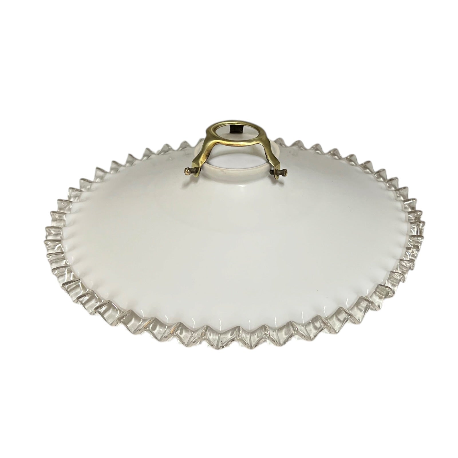 A white glass lampshade with a scalloped edge and gold fixture, perfect for adding a touch of period charm or retro flair to any home, set against a clean white background.