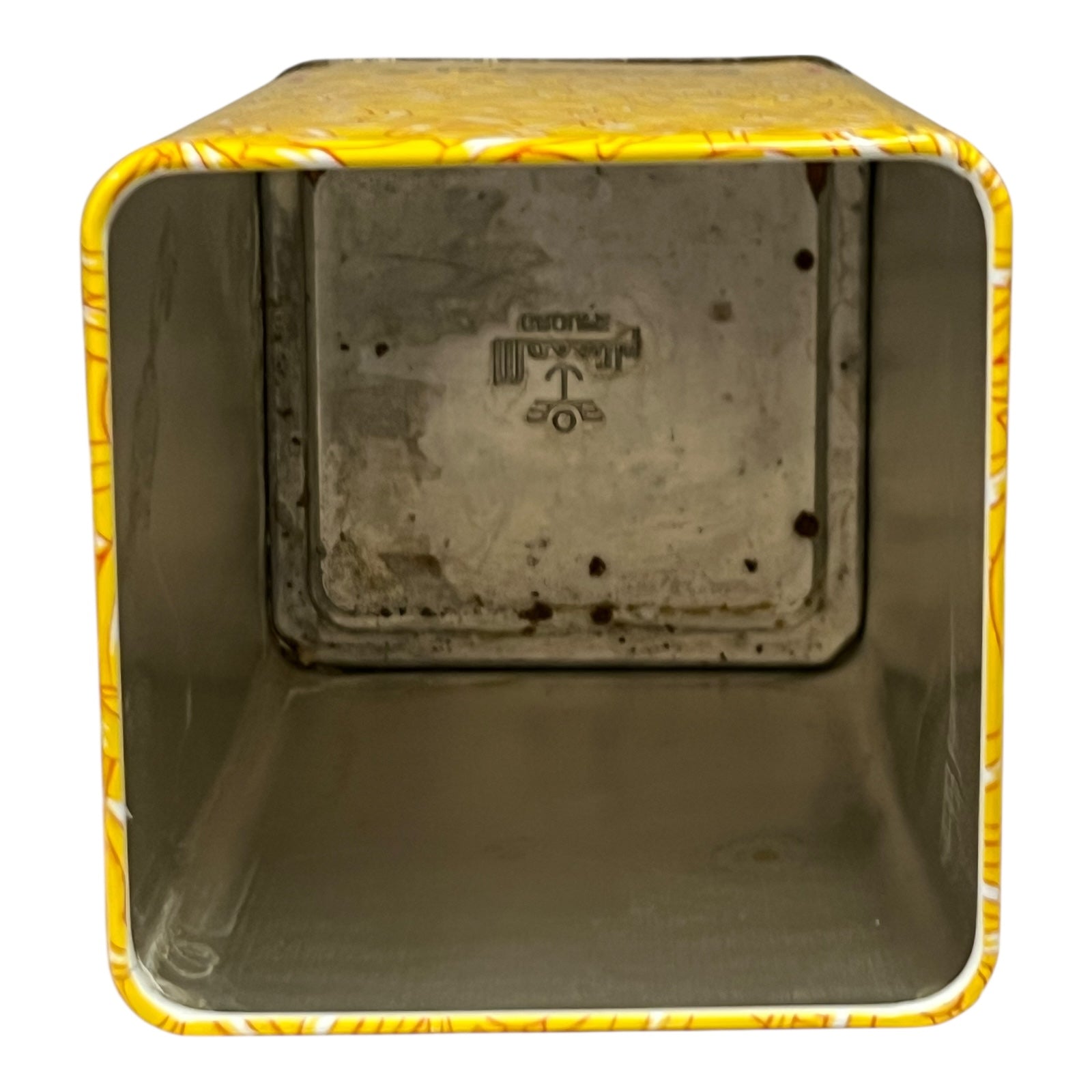 Metal box with yellow rim on a white background