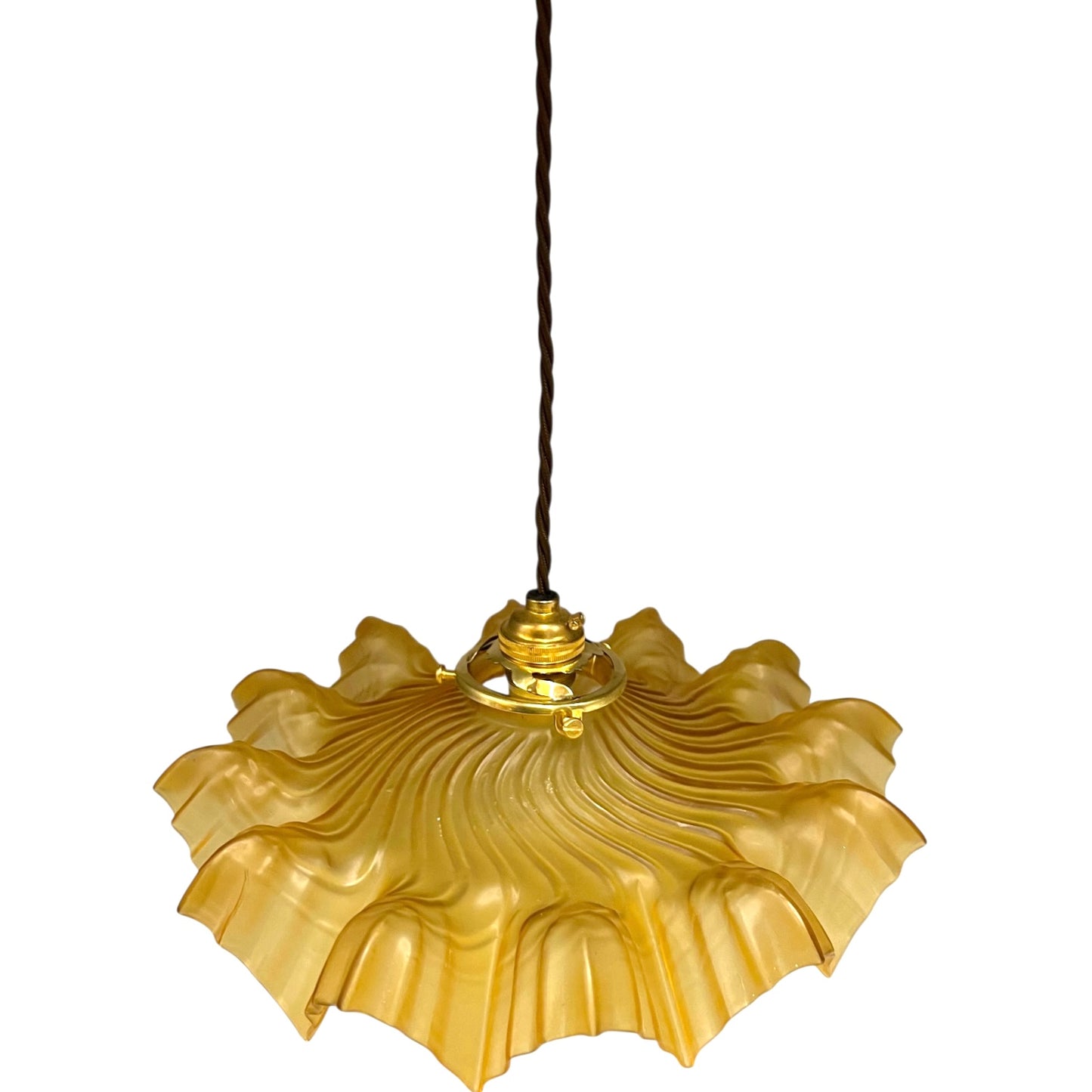 Amber coloured vintage French  pendant light with a scalloped design on a white background