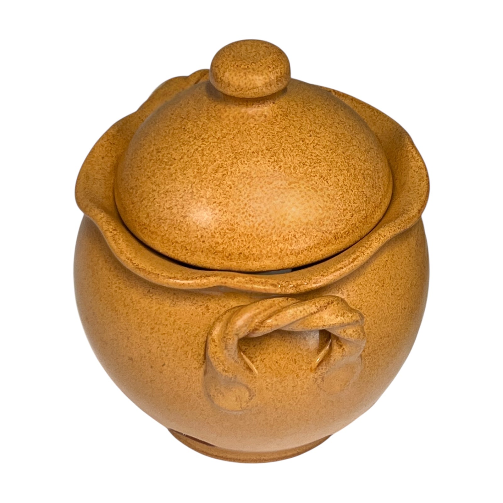 Brown ceramic jar with lid on a white background