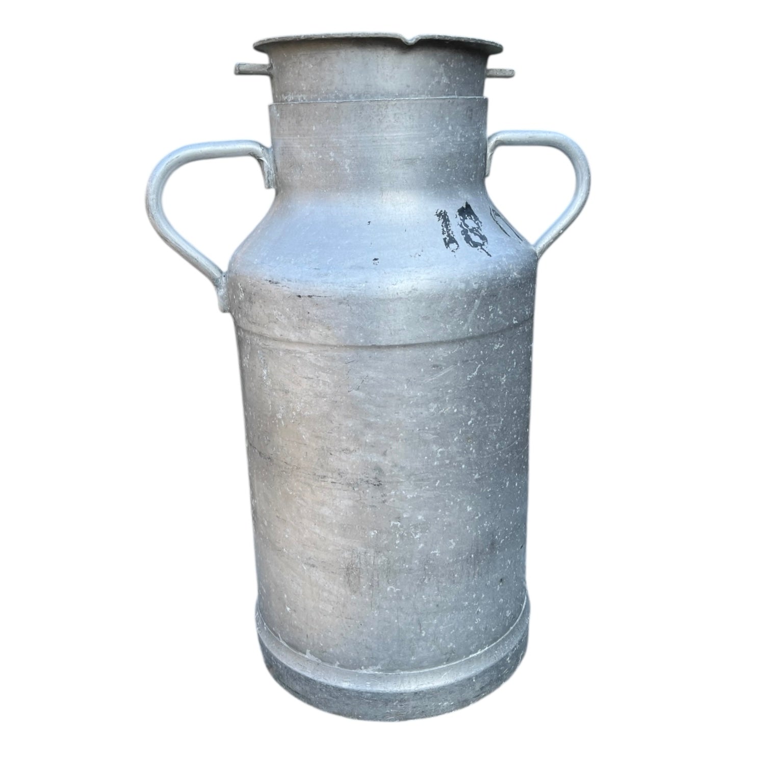 Vintage French aluminium milk churn with a lid on a white background