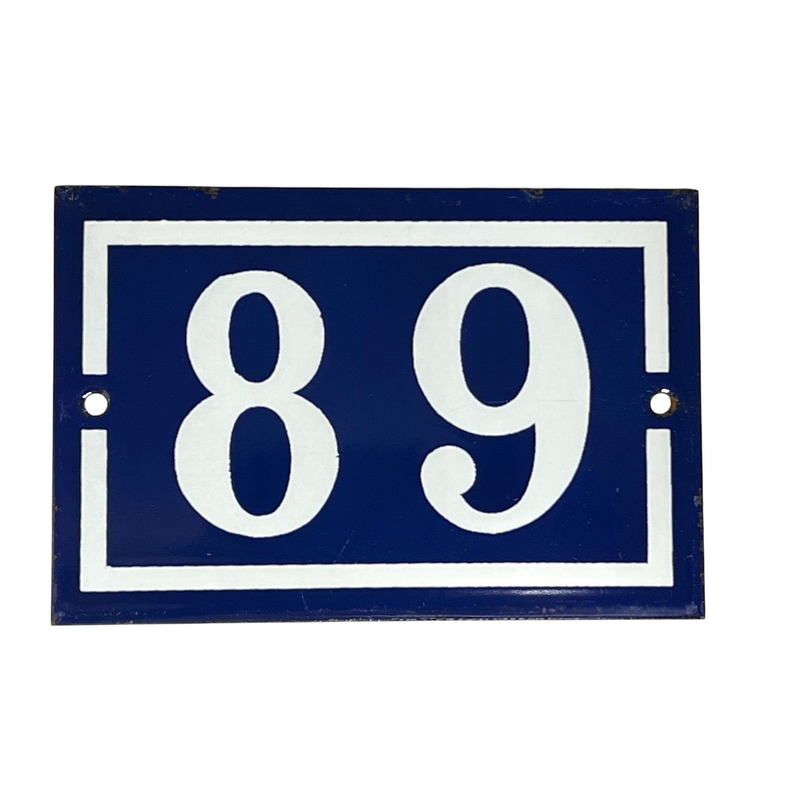 A rectangular blue and white house number plaque featuring the numbers 8 and 9 inside a white border, shown on a plain white background.